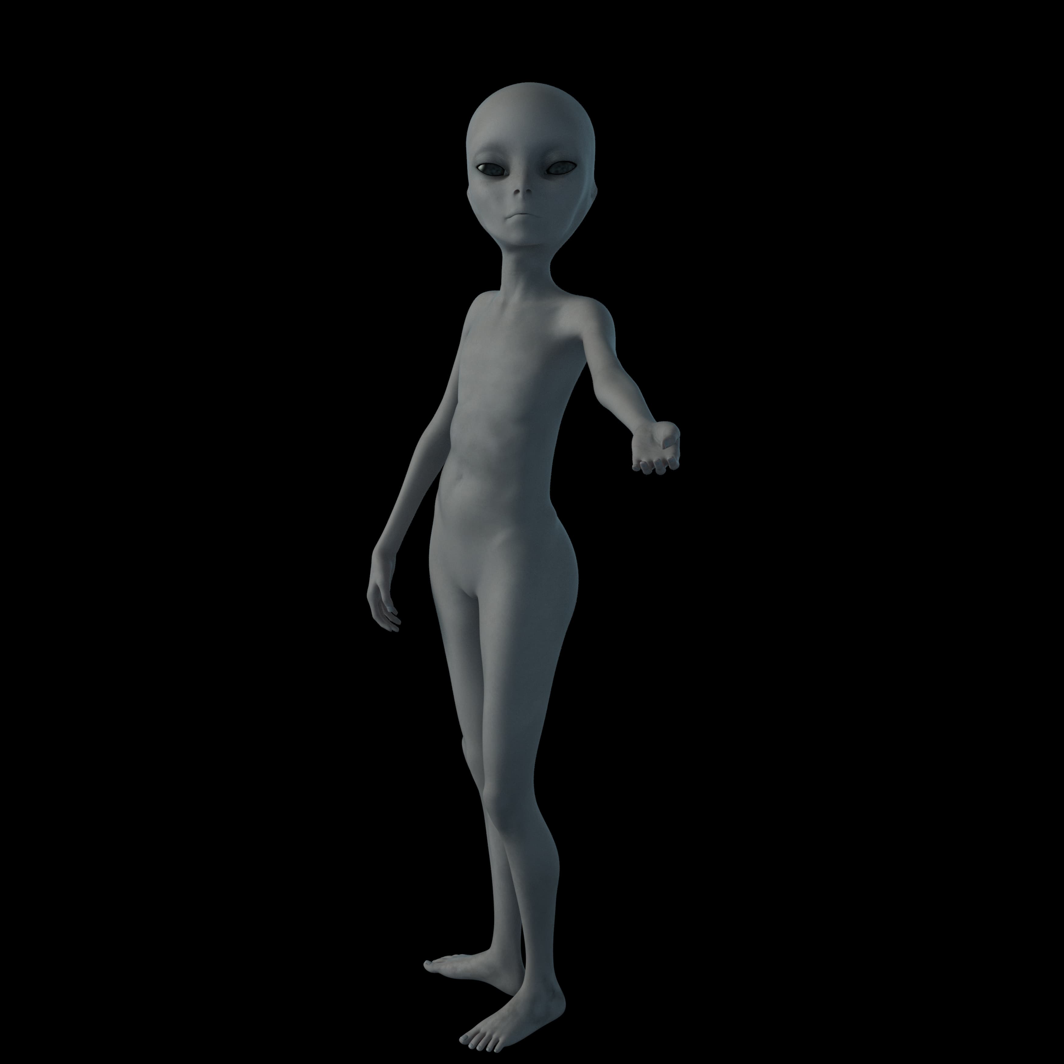 Darstellung eines Grey Aliens mit großem Kopf und schmächtigem Körper