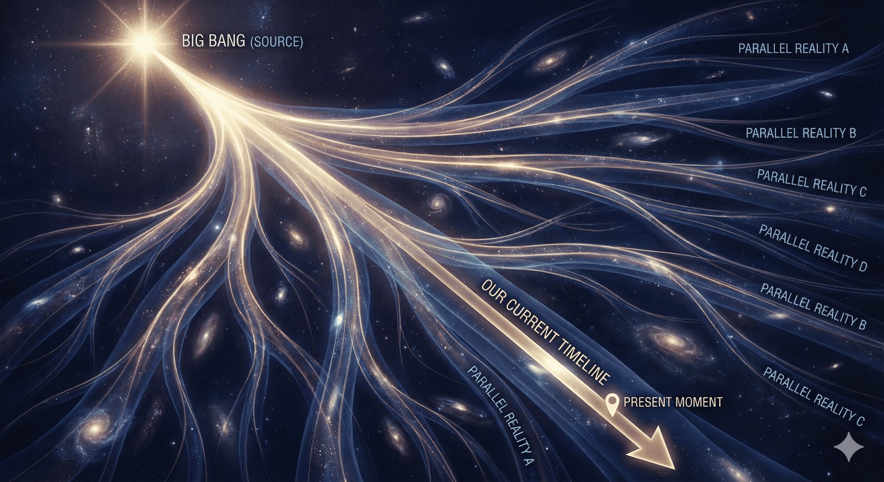 Darstellung des Multiversums: Ein Ursprung (Big Bang), der sich in unzählige parallele Zeitlinien aufspaltet