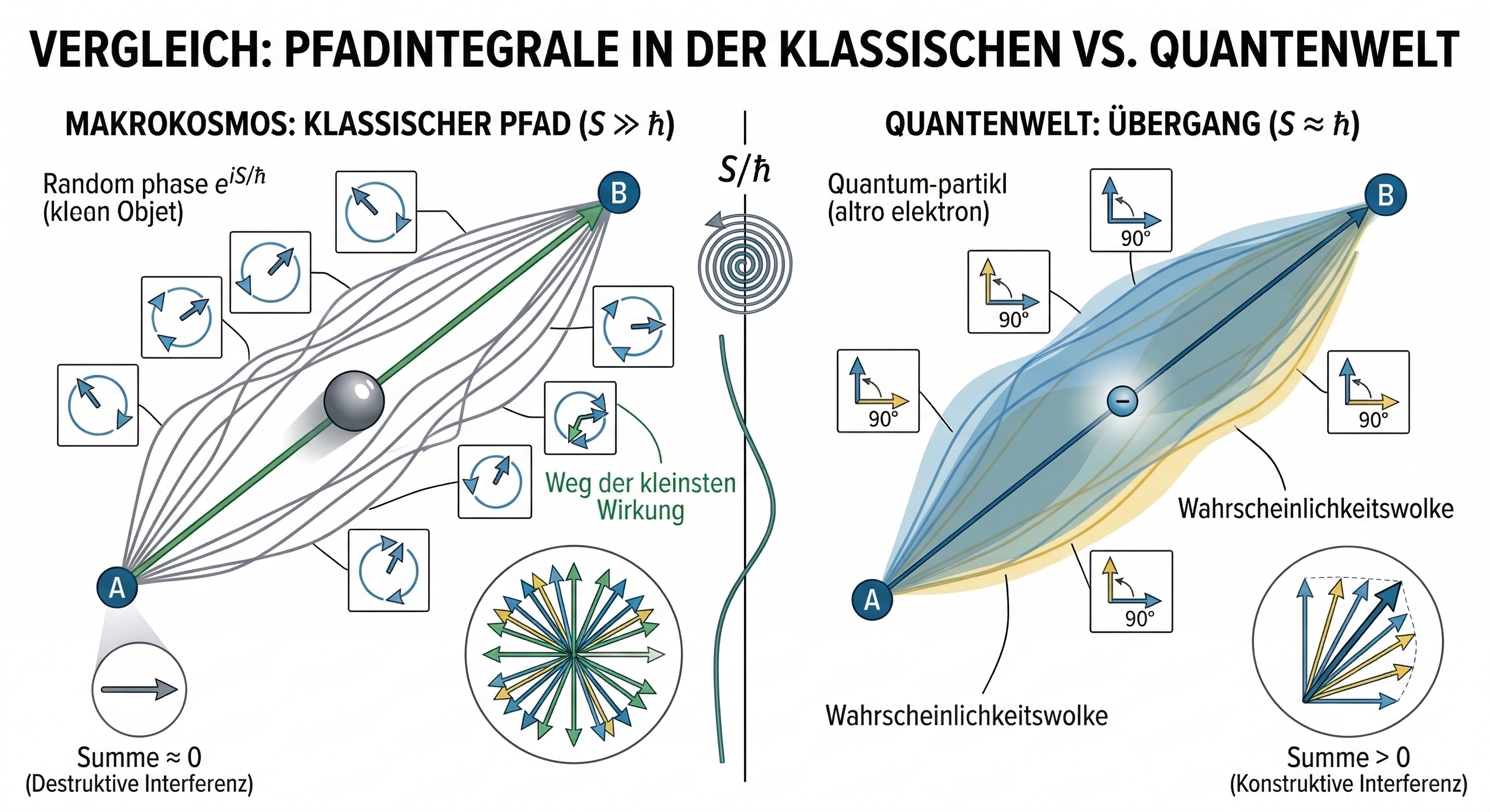 Informationsdiagramm, das Feynmans Pfadintegrale im klassischen und Quantenregime vergleicht.